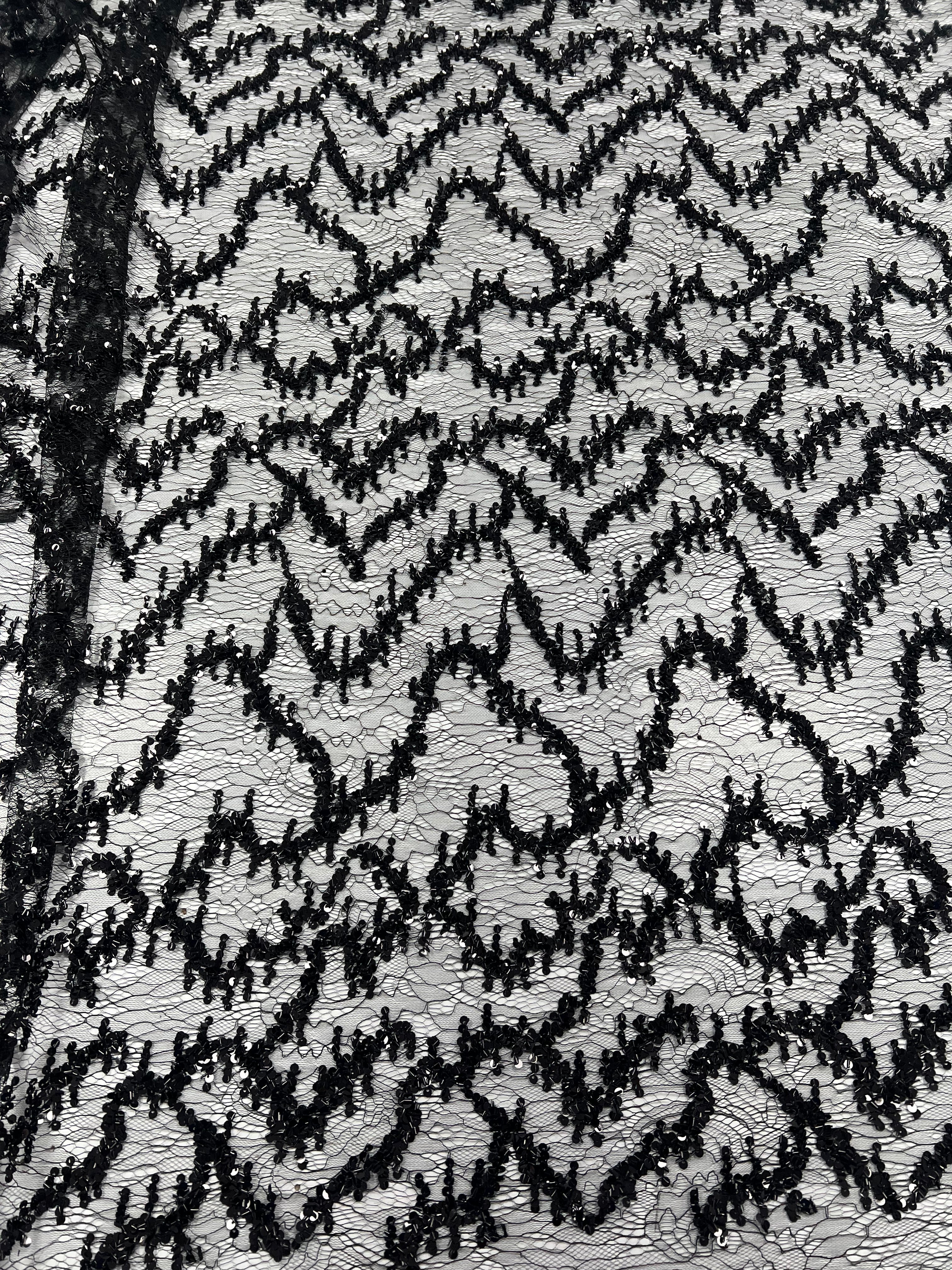 Black Sequin Detail Textured Mesh Stretch Fabric