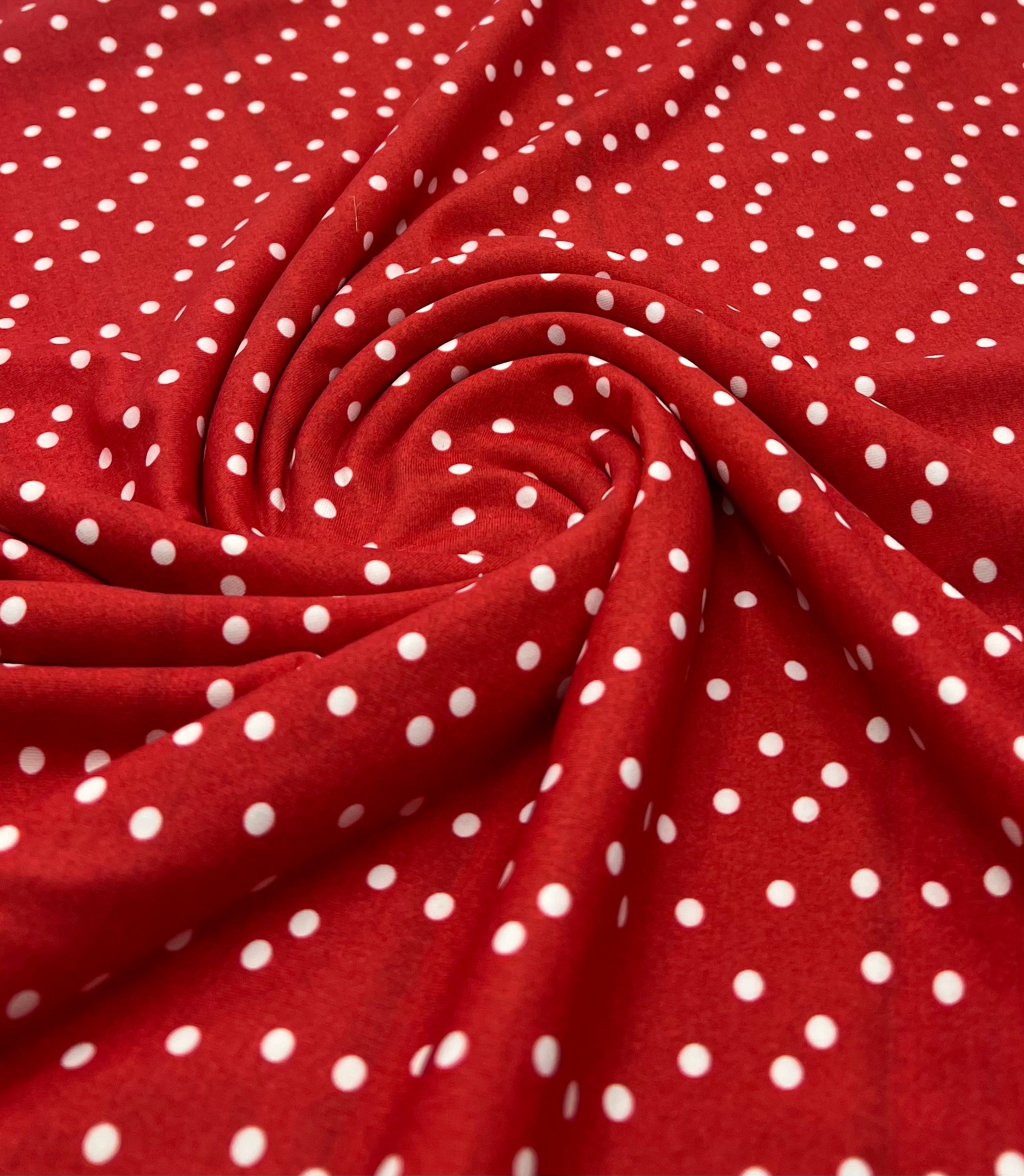 Red Polka Stretch Jersey 220GSM 4 Way Stretch Fabric (Slightly Faulty)