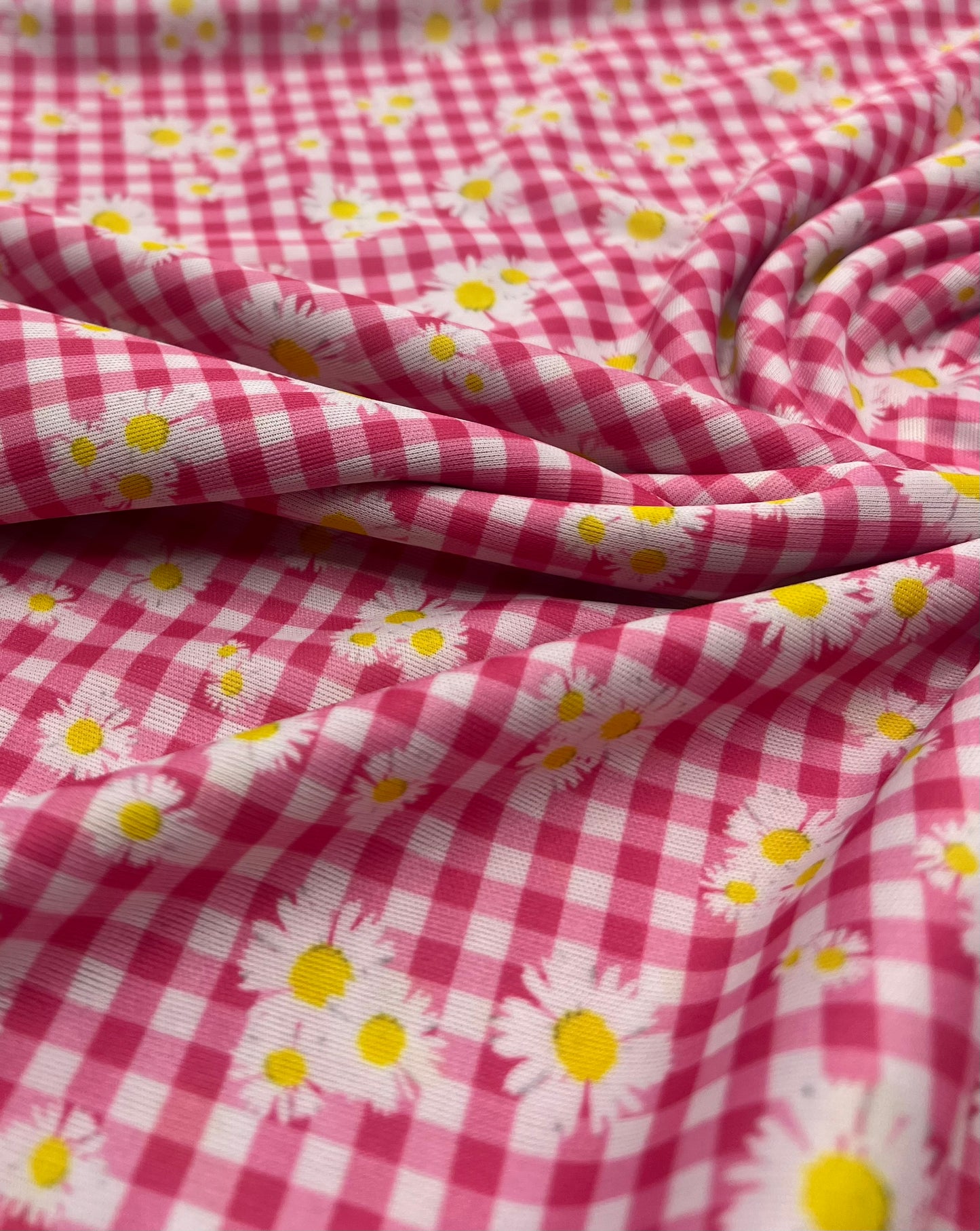 Pink Gingham Daisy Lightweight Stretch Fabric