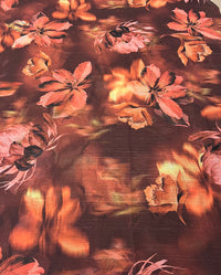 Brown Floral Gold Lurex Stripe Printed Chiffon Dress Fabric