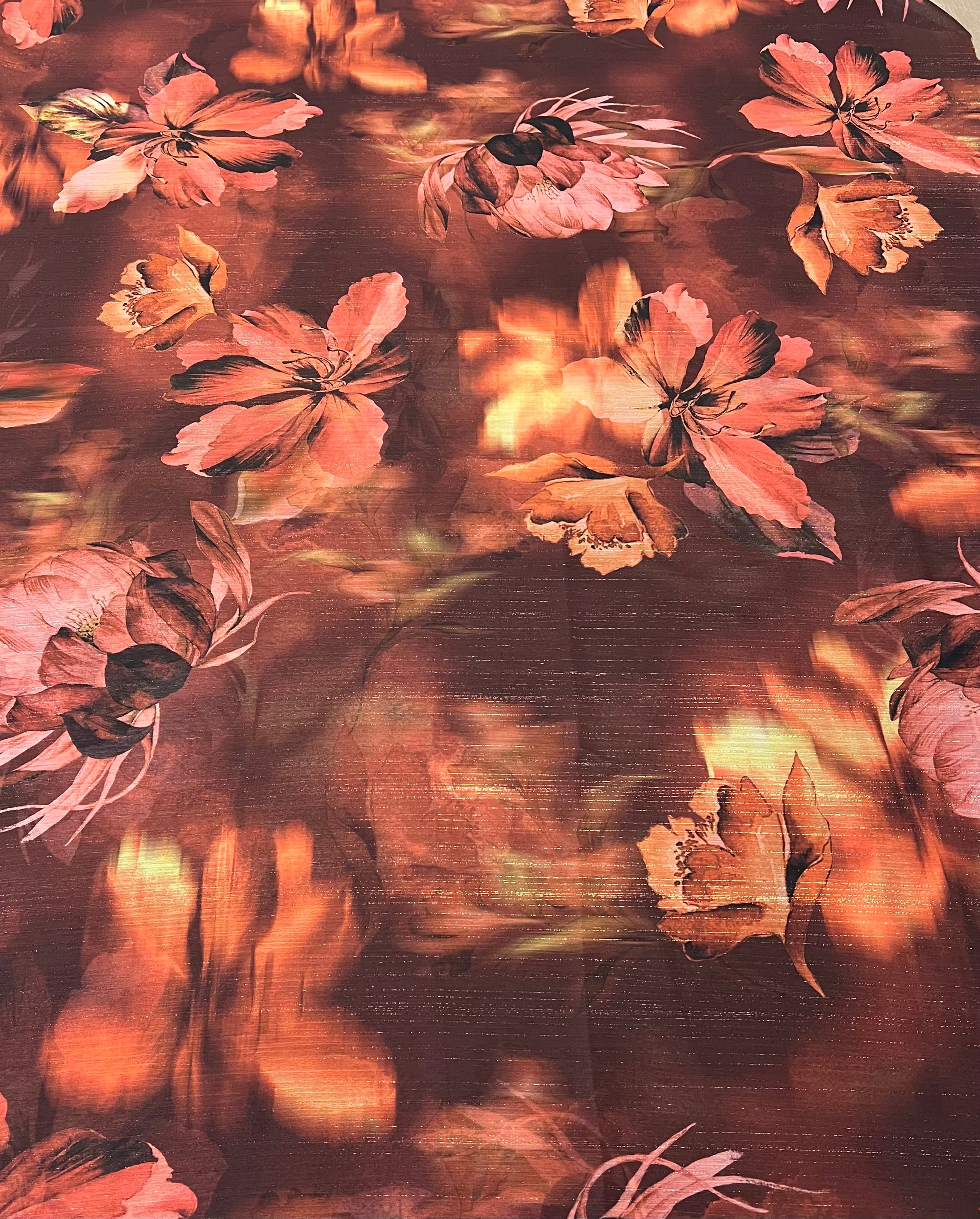 Brown Floral Gold Lurex Stripe Printed Chiffon Dress Fabric