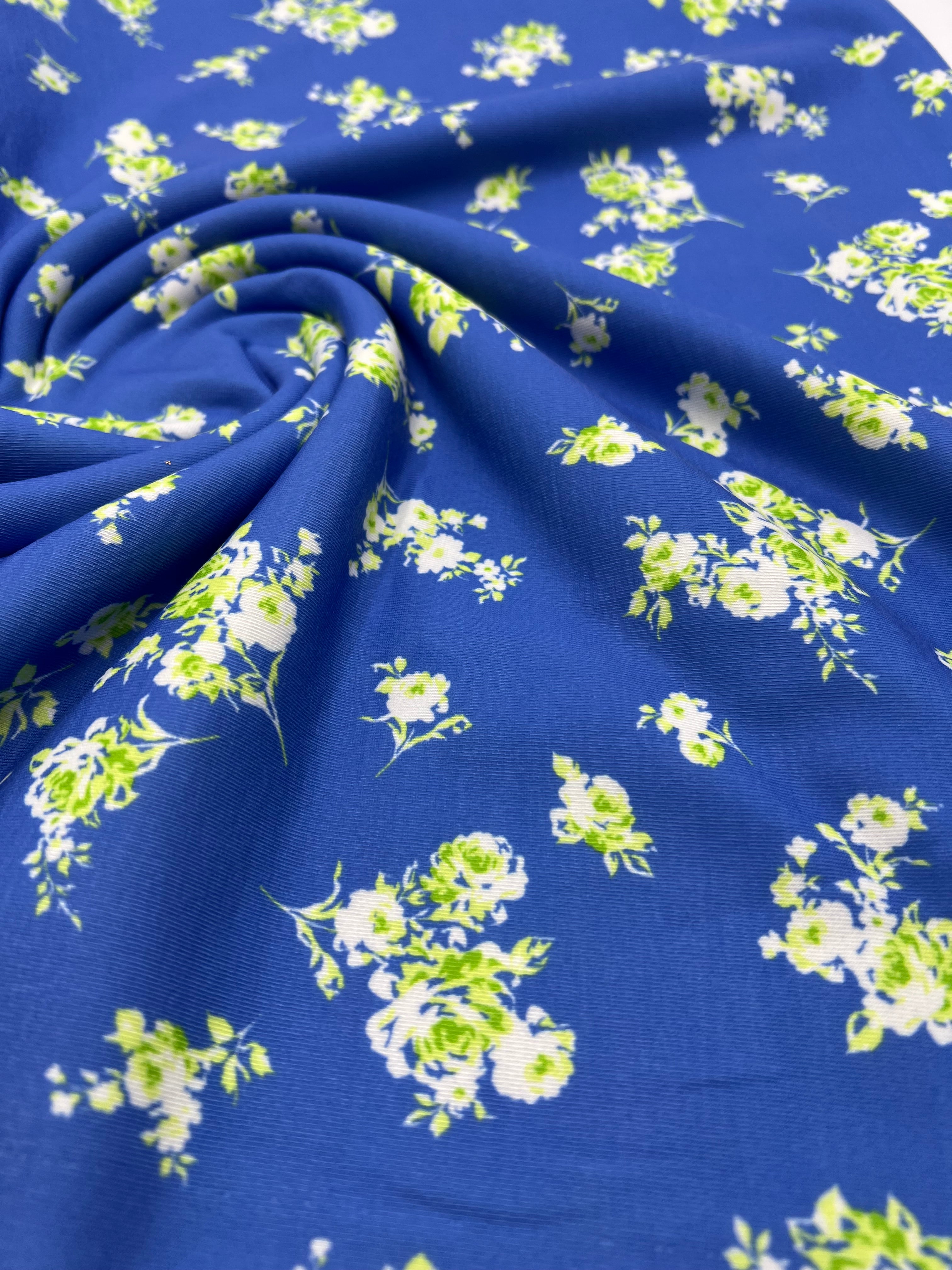 Blue Green Flower Floral Mix Print Spun Poly Stretch Fabric