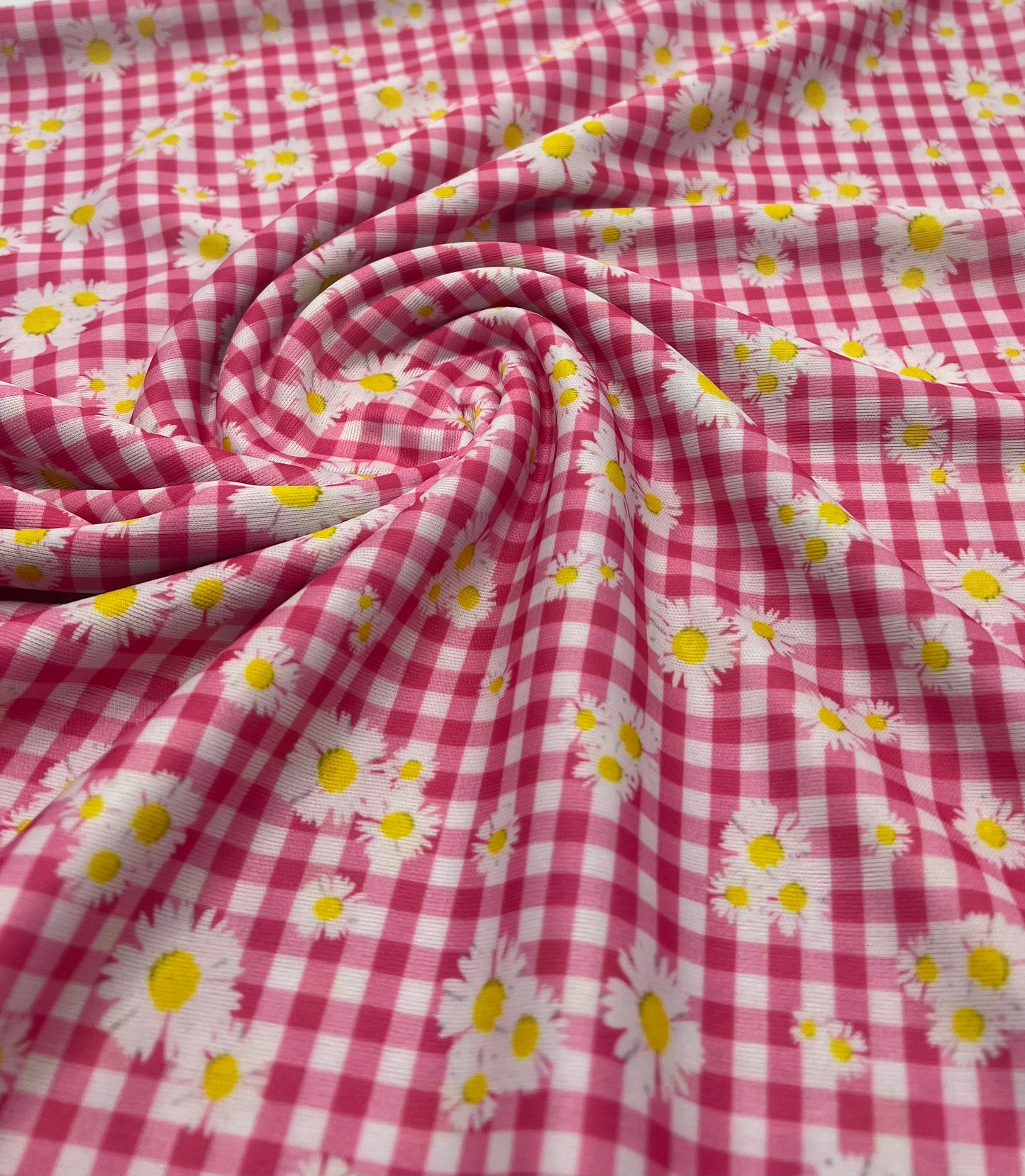 Pink Gingham Daisy Lightweight Stretch Fabric