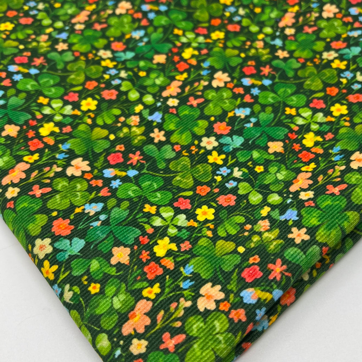 Green Clover Ditsy Floral Print Cotton Needlecord Non Stretch Fabric