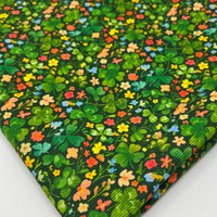 Green Clover Ditsy Floral Print Cotton Needlecord Non Stretch Fabric