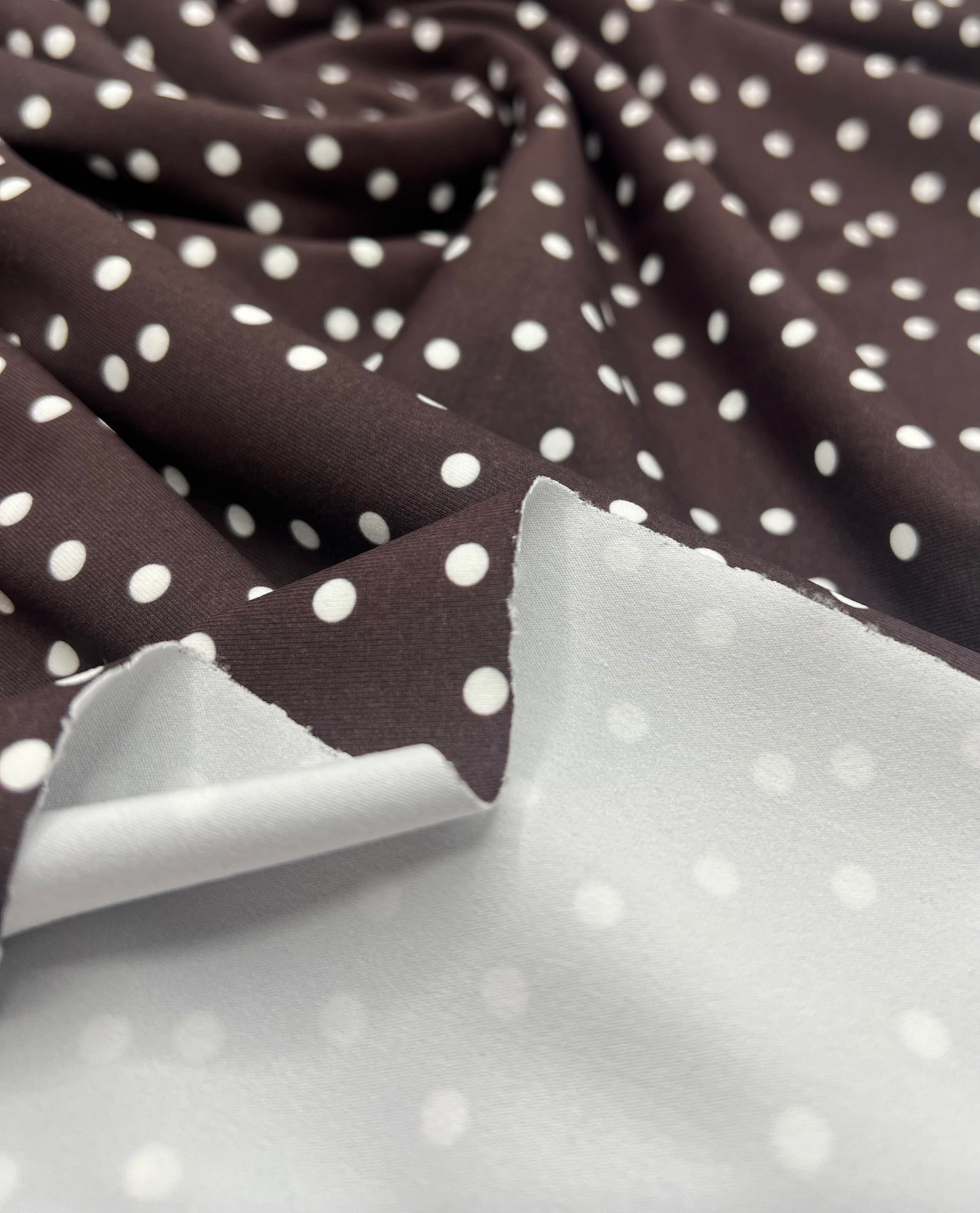 Brown Polka Stretch Jersey 220GSM 4 Way Stretch Fabric