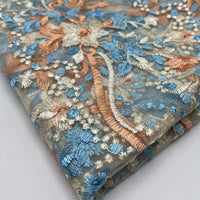 Blue Coral Beige Floral Embroidered Tulle Lace Fabric