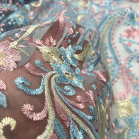 Blue Baby Pink Beige Floral Embroidered Tulle Lace Fabric