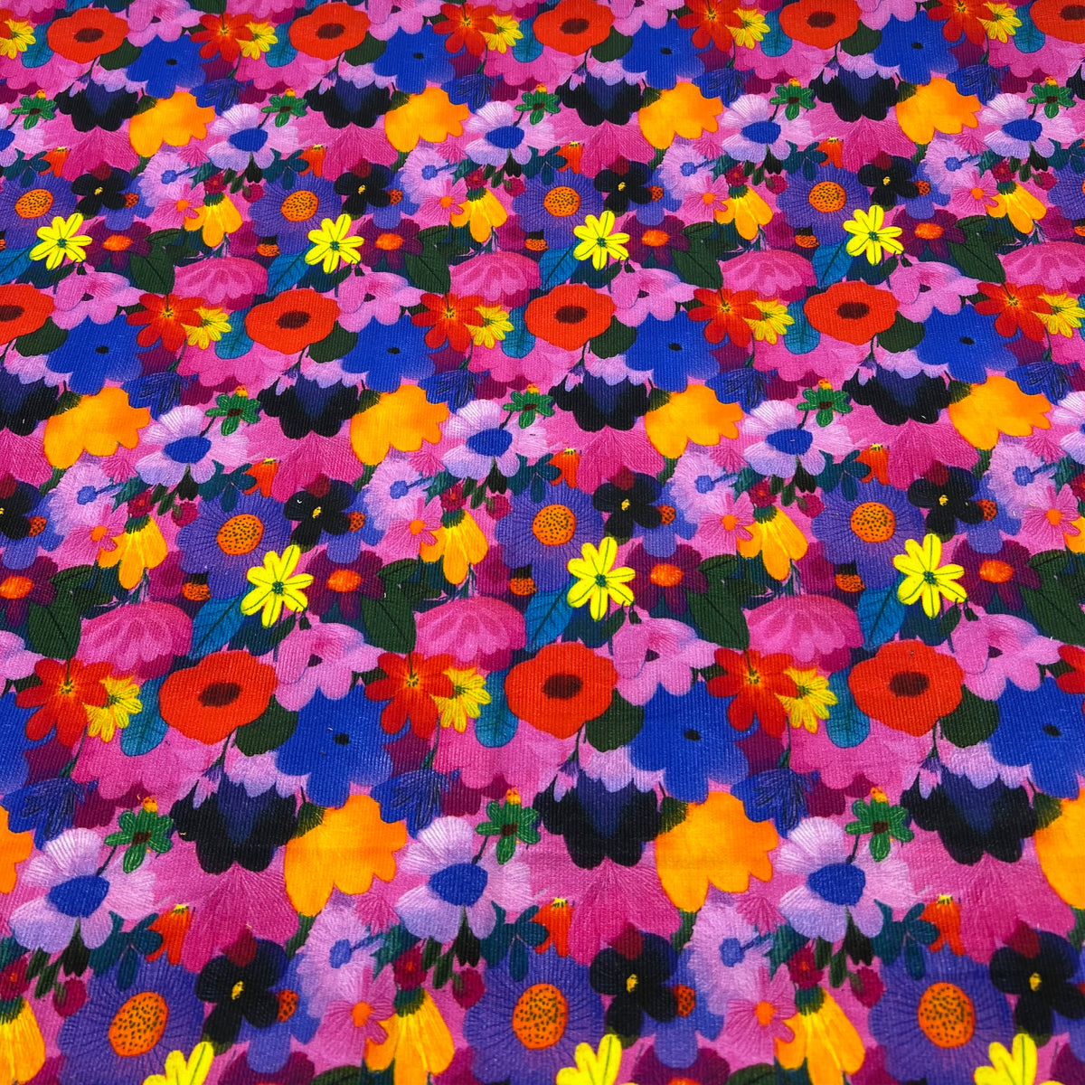 Bright Flowers Floral Print Cotton Needlecord Non Stretch Fabric