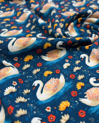 Folk Art Swans Print Cotton Stretch Jersey 200 GSM 95/5 Lycra 4 Way Stretch