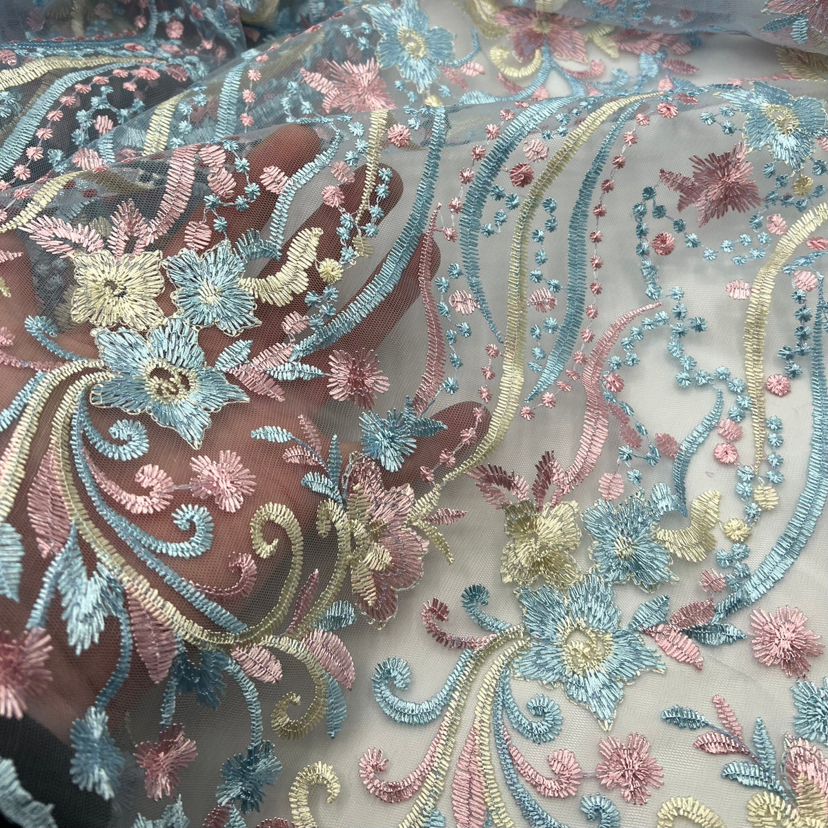 Blue Baby Pink Beige Floral Embroidered Tulle Lace Fabric