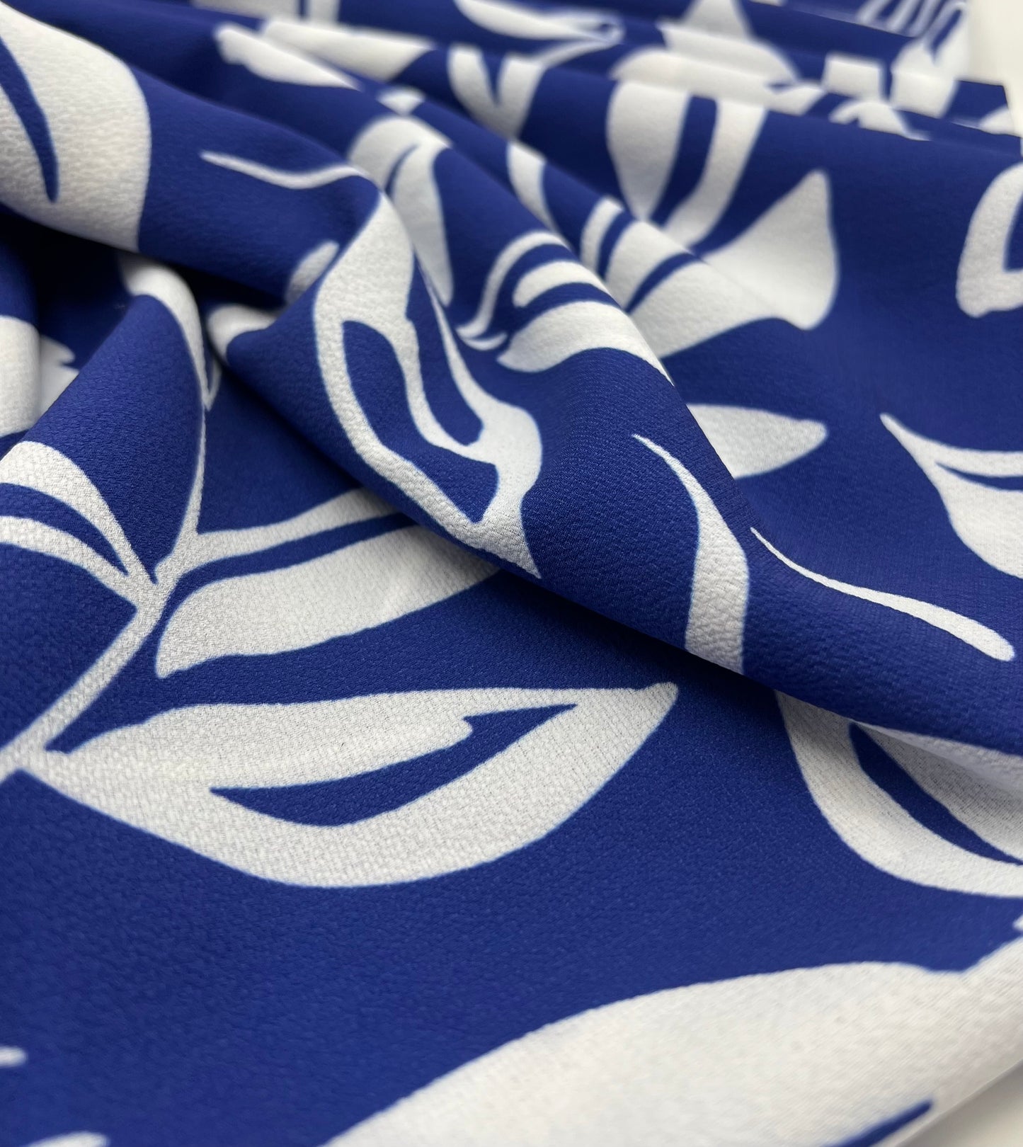 Blue Leaf Print Lightweight Bubble Crepe Fabric