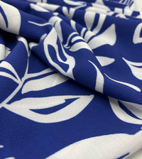 Blue Leaf Print Lightweight Bubble Crepe Fabric