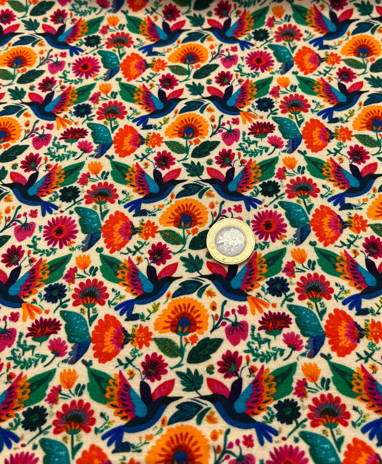 Folk Art Birds Print Cotton Stretch Jersey 200 GSM 95/5 Lycra 4 Way Stretch