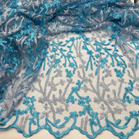 Blue Silver Floral Embroidered Tulle Lace Fabric