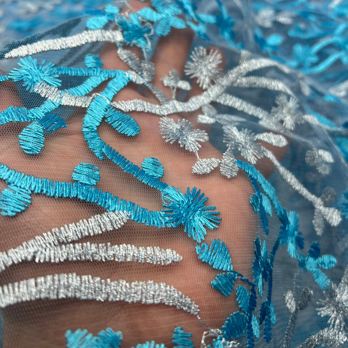 Blue Silver Floral Embroidered Tulle Lace Fabric