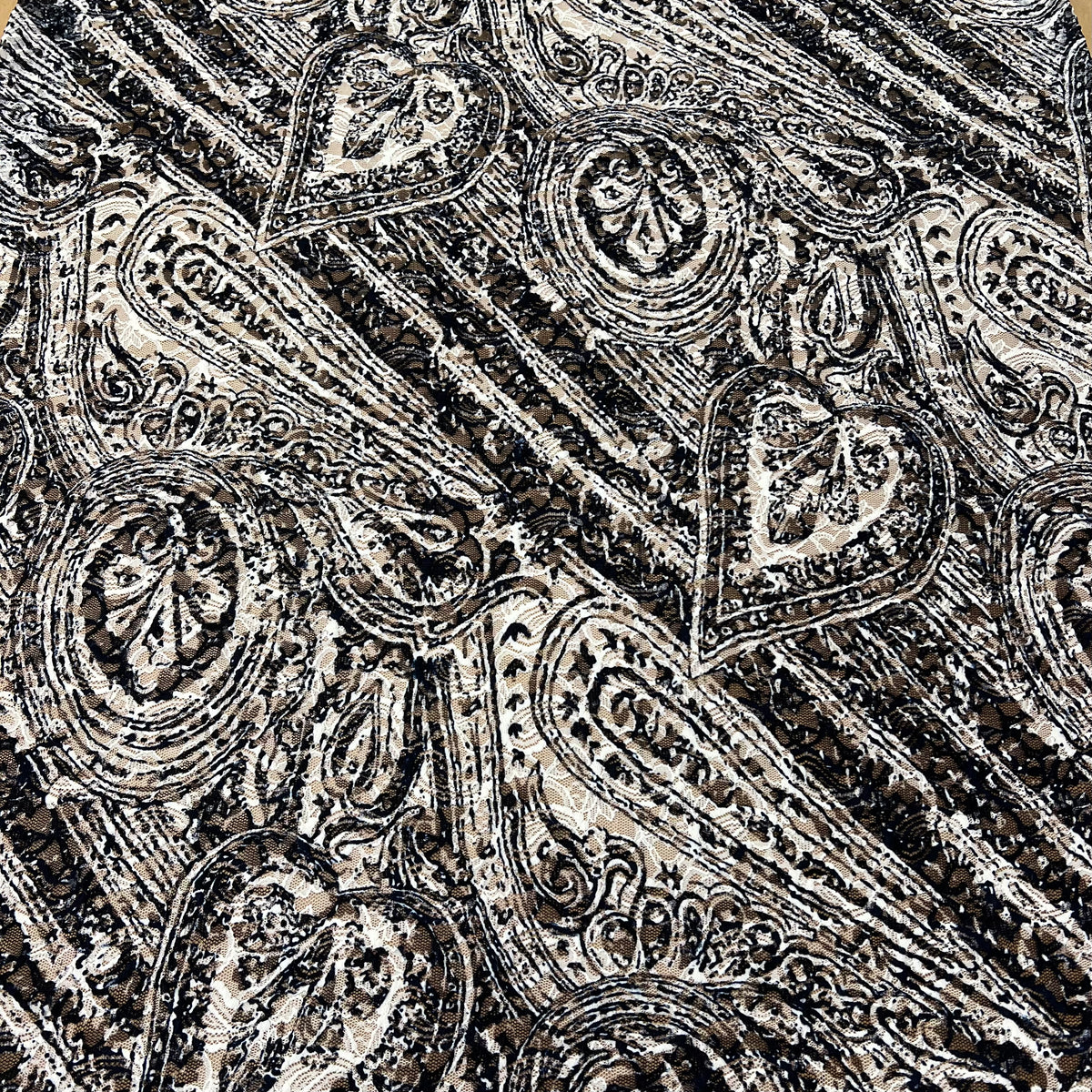 Navy Cream Vintage Paisley Lace Fabric Stretch