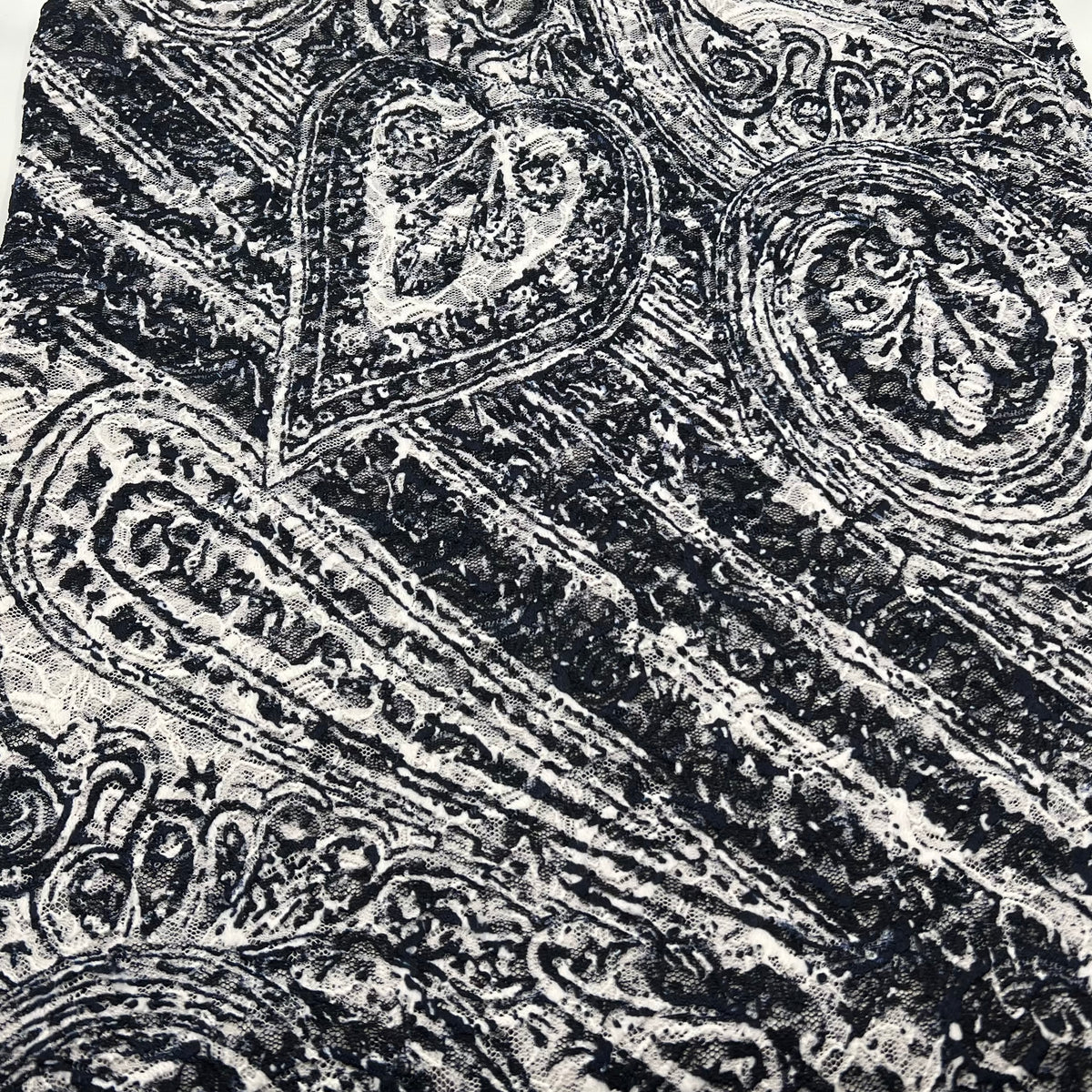 Navy Cream Vintage Paisley Lace Fabric Stretch
