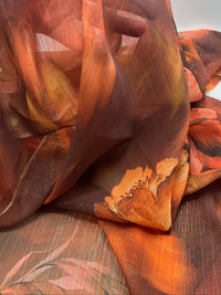 Brown Floral Gold Lurex Stripe Printed Chiffon Dress Fabric