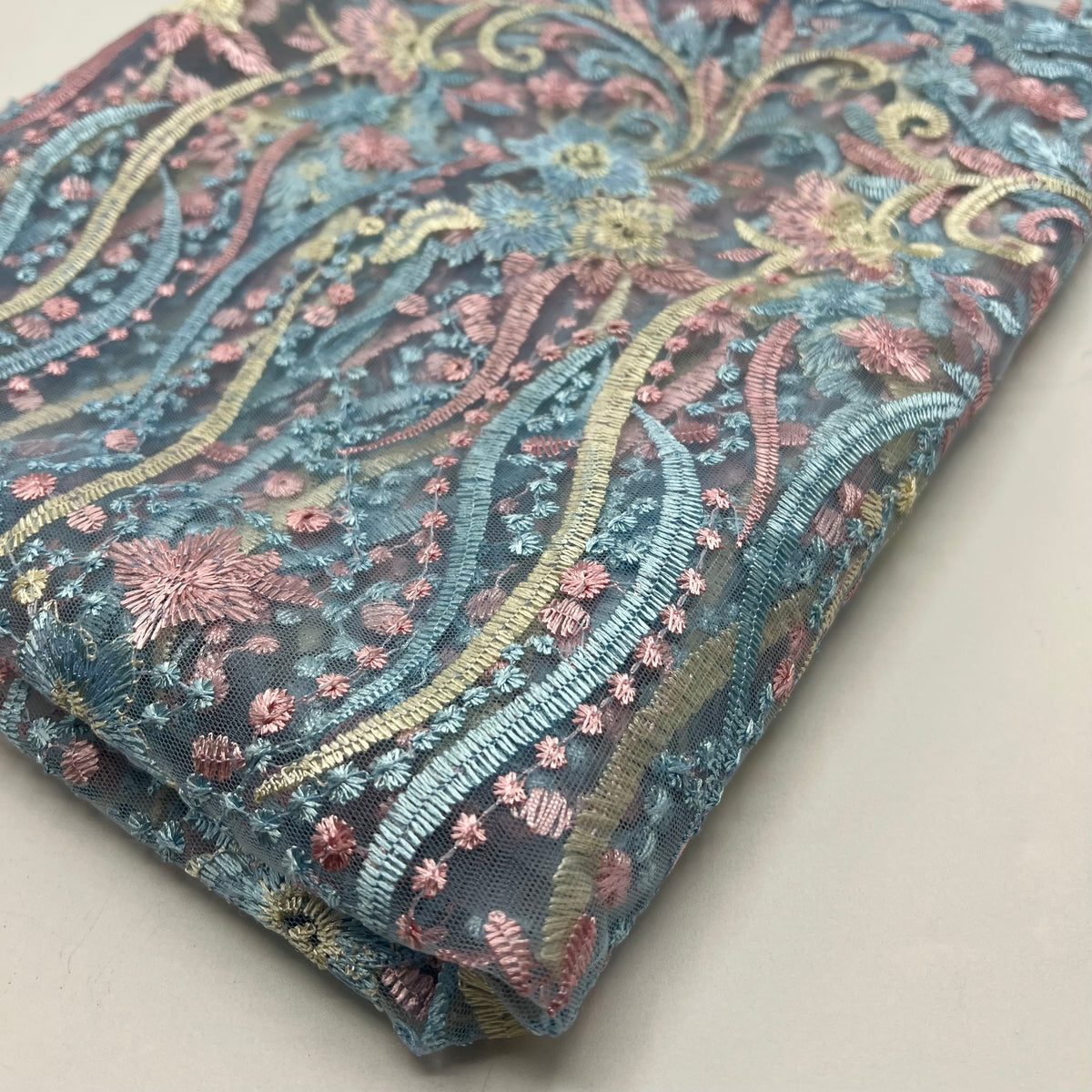 Blue Baby Pink Beige Floral Embroidered Tulle Lace Fabric