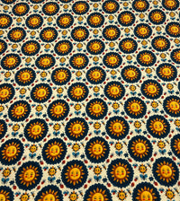 Folk Art Sun Faces Print Cotton Stretch Jersey 200 GSM 95/5 Lycra 4 Way Stretch