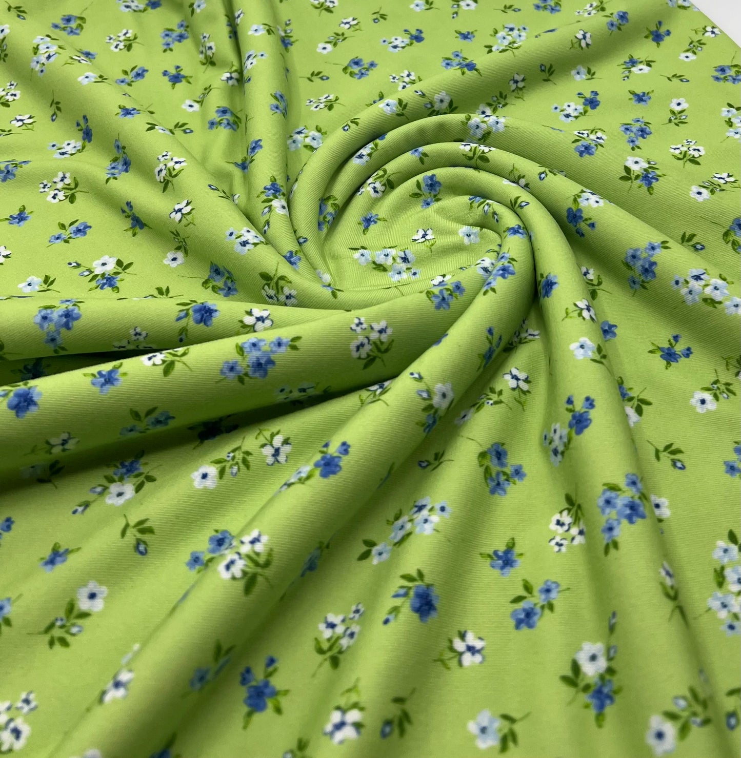 Bright Green Ditsy Floral Print Spun Poly Stretch Fabric