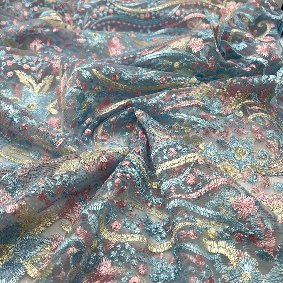 Blue Baby Pink Beige Floral Embroidered Tulle Lace Fabric