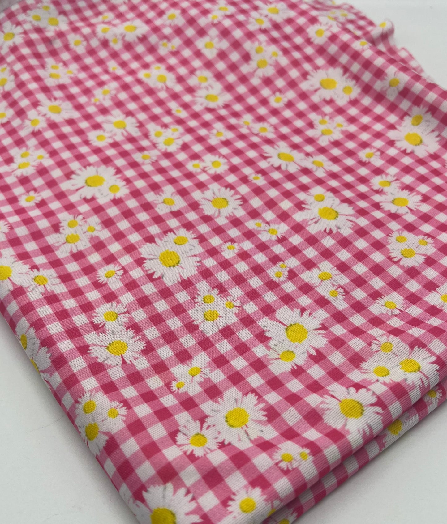 Pink Gingham Daisy Lightweight Stretch Fabric
