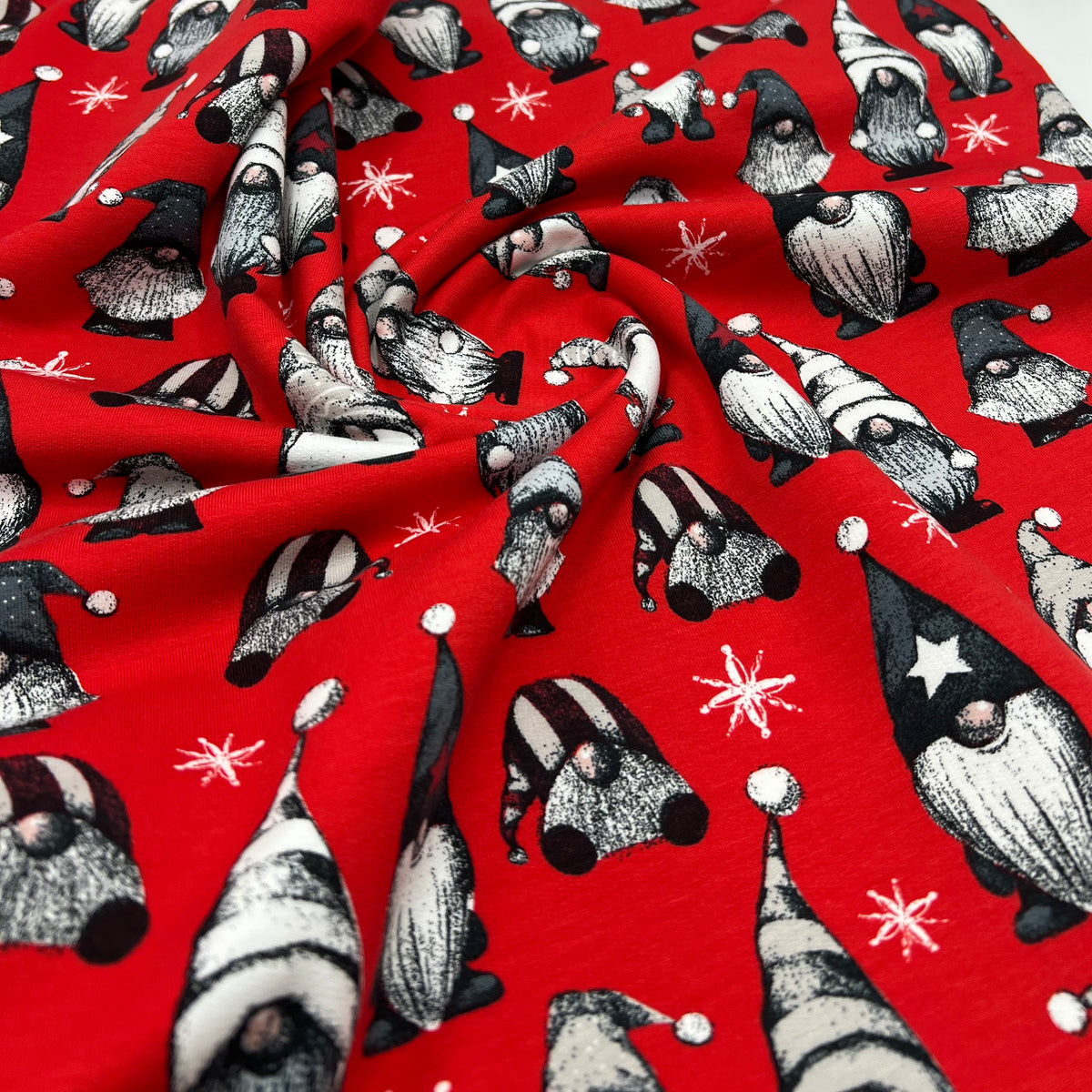 Festive Gnomes French Terry Loopback Cotton Jersey Lycra 4 Way Stretch