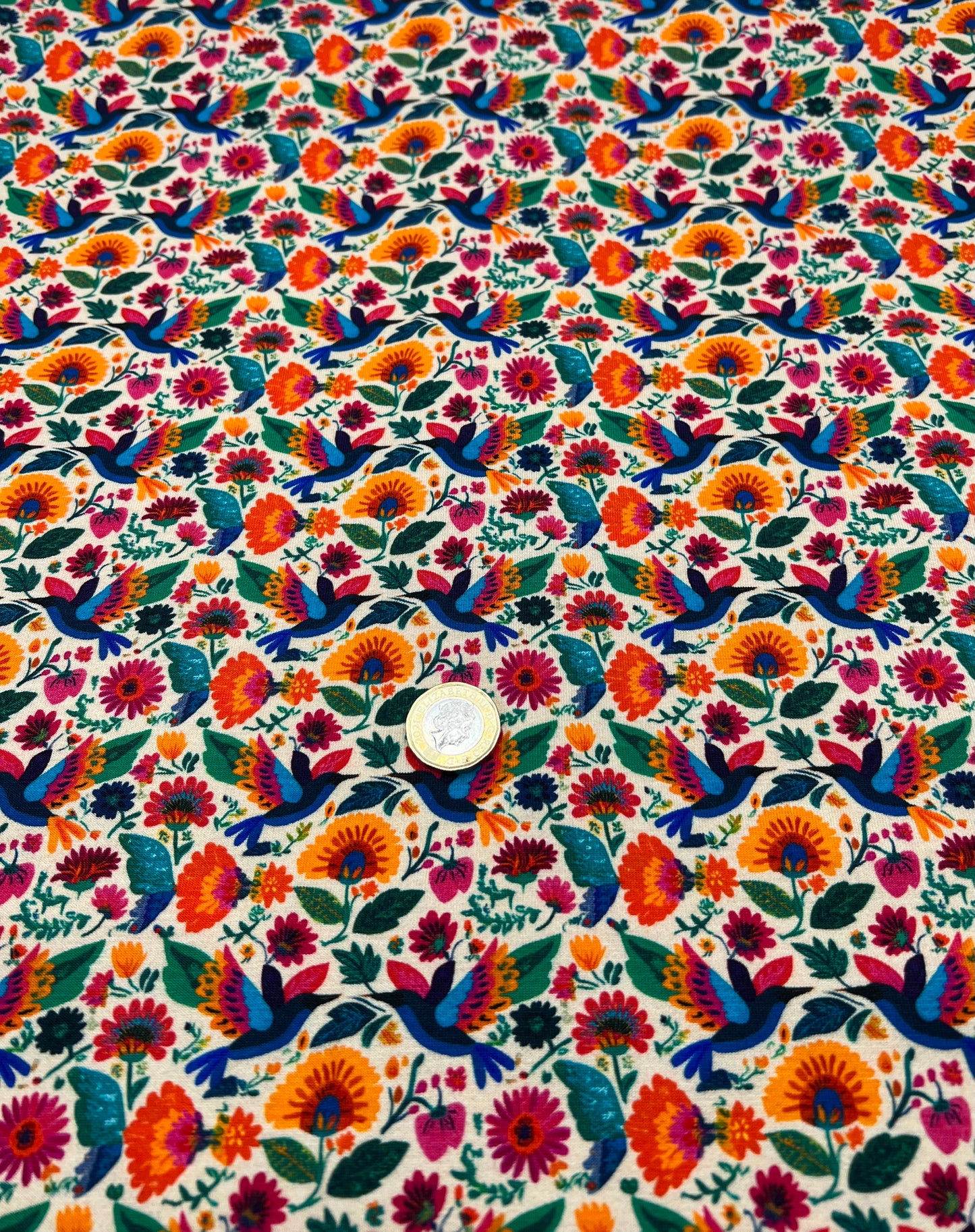 Folk Art Birds Print Cotton Stretch Jersey 200 GSM 95/5 Lycra 4 Way Stretch