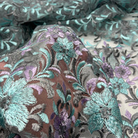 Grey Aqua Lilac Floral Embroidered Tulle Lace Fabric