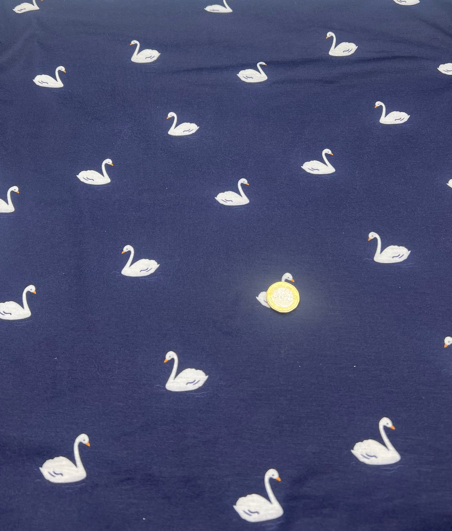 Navy Swan Print Spun Poly Stretch Fabric