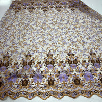 Gold Brown Lilac Floral Embroidered Tulle Lace Fabric