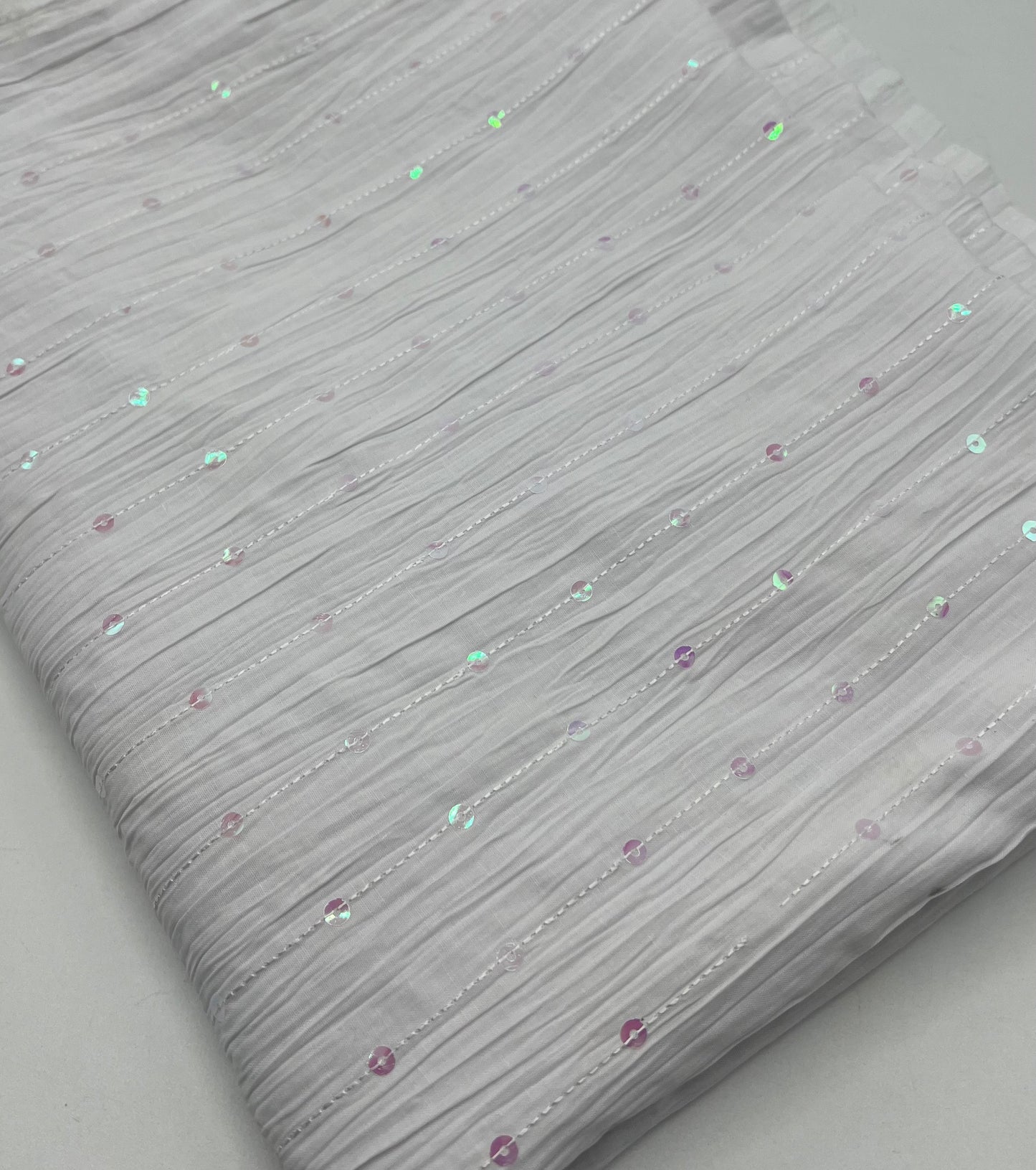 White Sequin Crinkled Lightweight Non Stretch Fabric