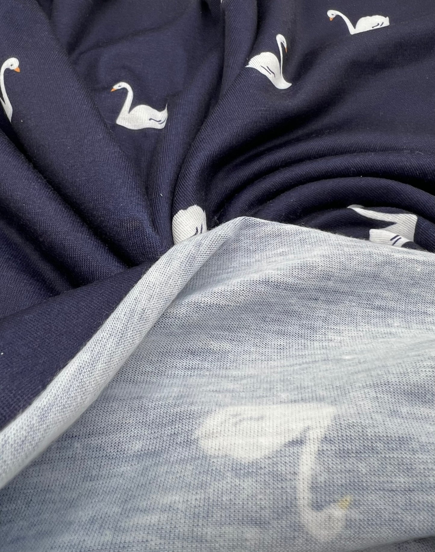 Navy Swan Print Spun Poly Stretch Fabric