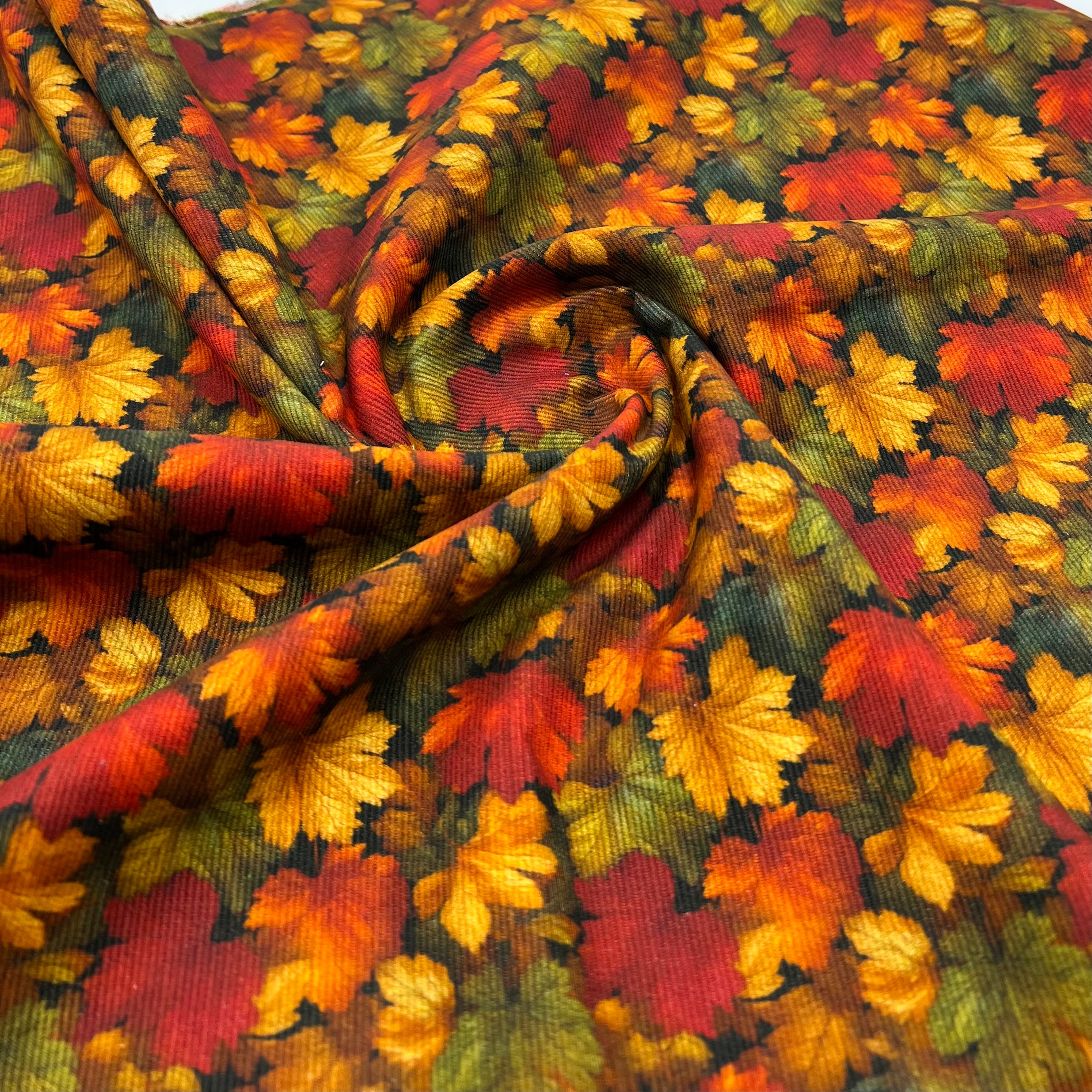 Leaf Print Cotton Needlecord Non Stretch Fabric
