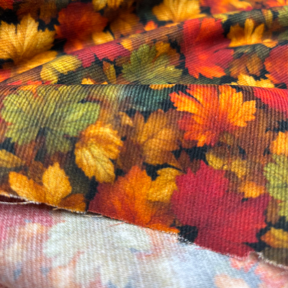 Leaf Print Cotton Needlecord Non Stretch Fabric
