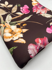 Brown Floral Scuba Foam 3D Mono Jersey Fabric 2 Way Stretch
