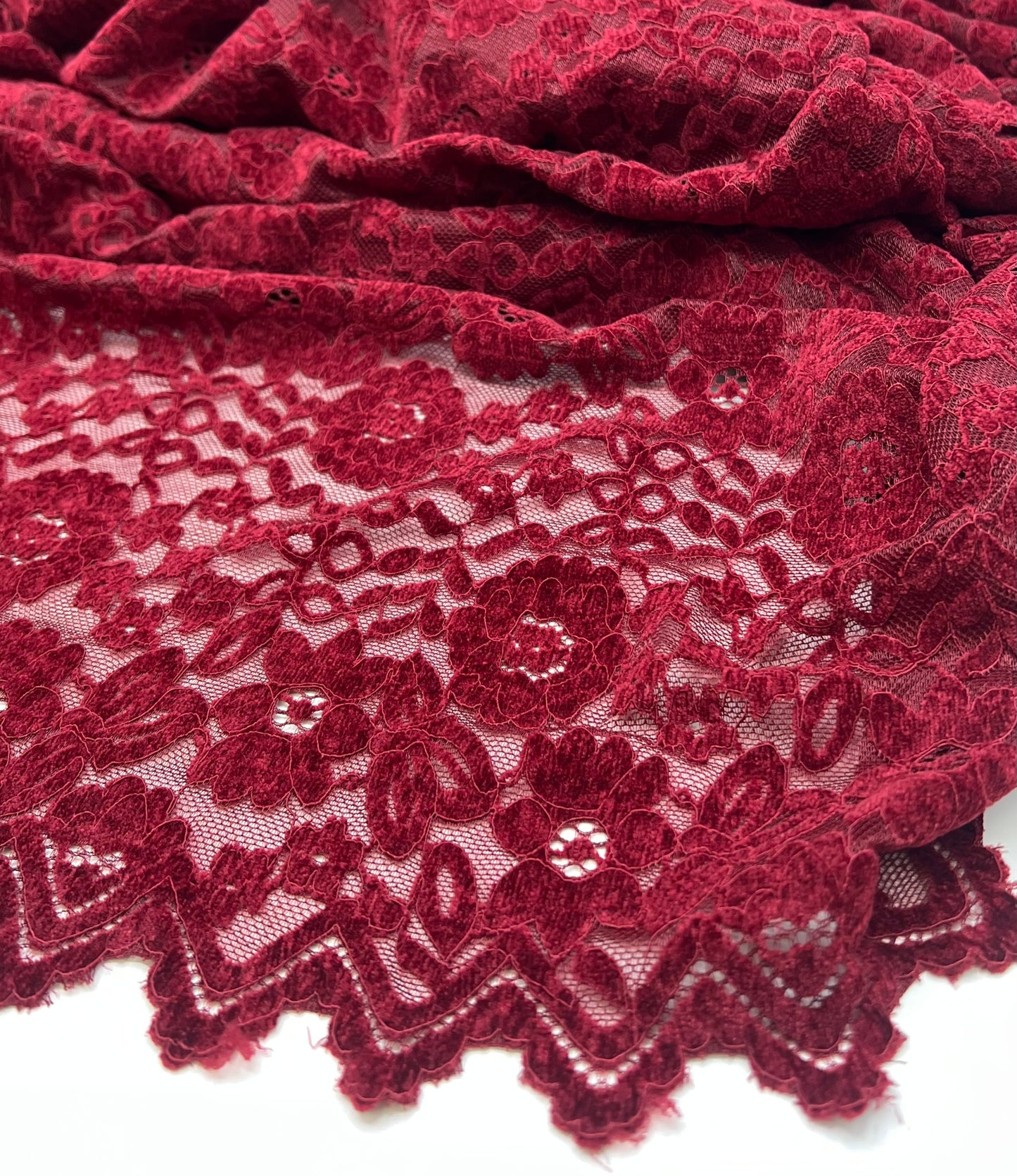 Burgundy Embossed Textured Scalloped Edge Floral Lace Fabric Stretch