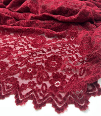 Burgundy Embossed Textured Scalloped Edge Floral Lace Fabric Stretch