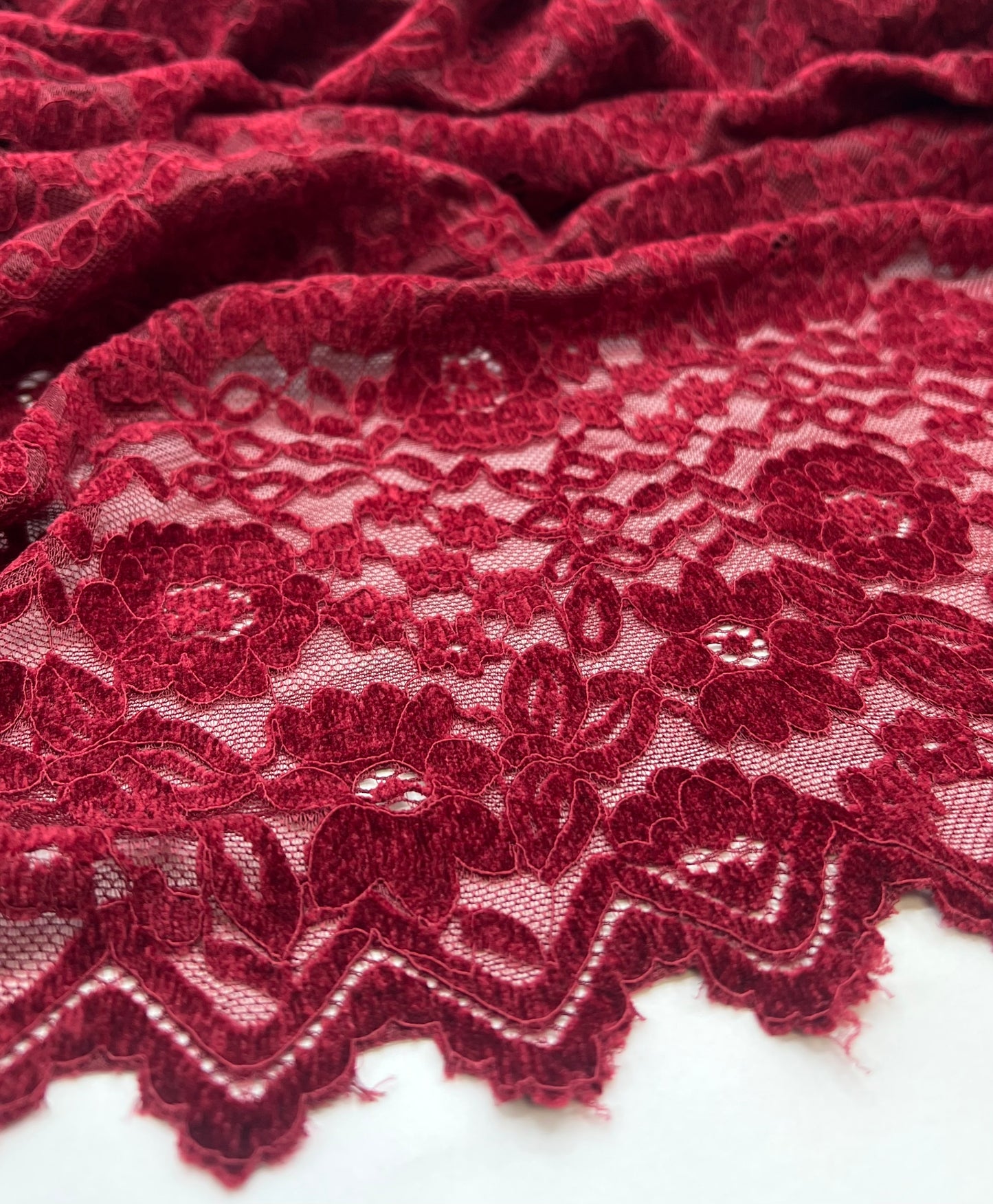 Burgundy Embossed Textured Scalloped Edge Floral Lace Fabric Stretch
