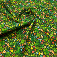 Green Clover Ditsy Floral Print Cotton Needlecord Non Stretch Fabric