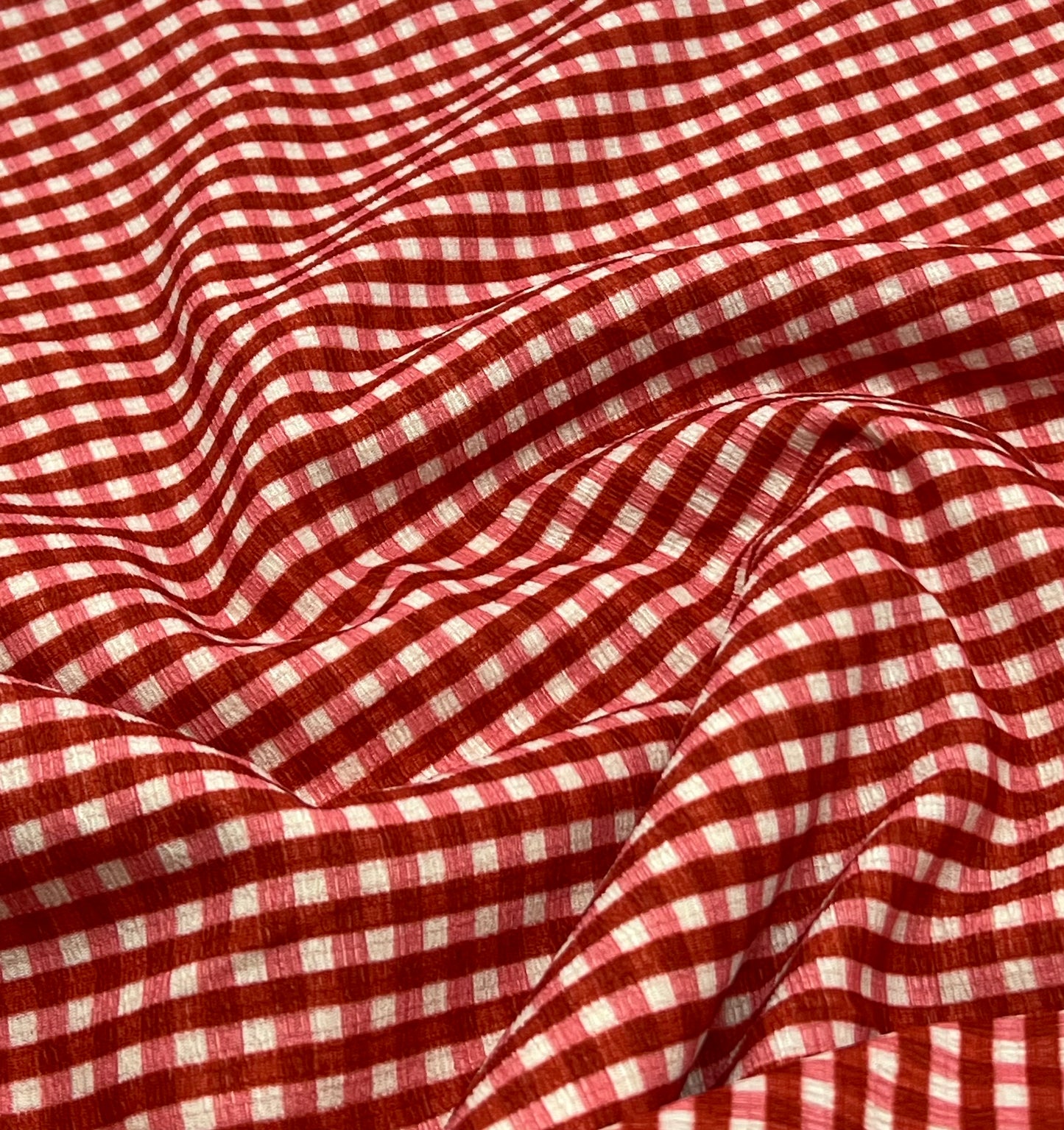 Red Gingham Check Print Lightweight Bubble Crepe Fabric