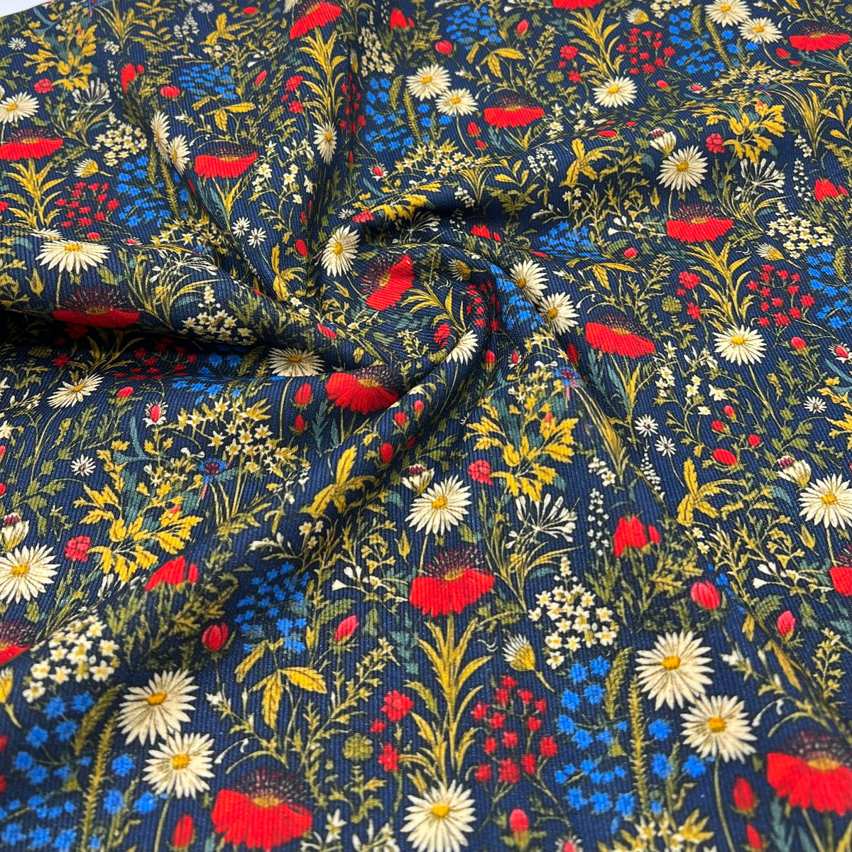 Dark Meadow Floral Print Cotton Needlecord Non Stretch Fabric