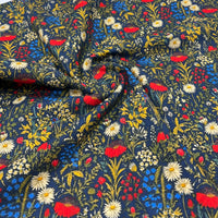 Dark Meadow Floral Print Cotton Needlecord Non Stretch Fabric