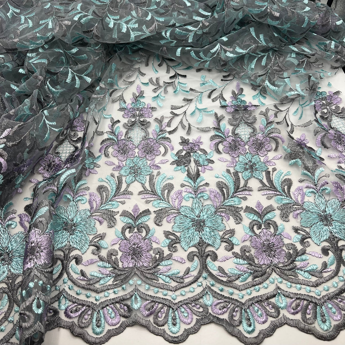 Grey Aqua Lilac Floral Embroidered Tulle Lace Fabric