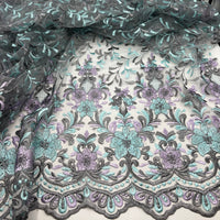 Grey Aqua Lilac Floral Embroidered Tulle Lace Fabric