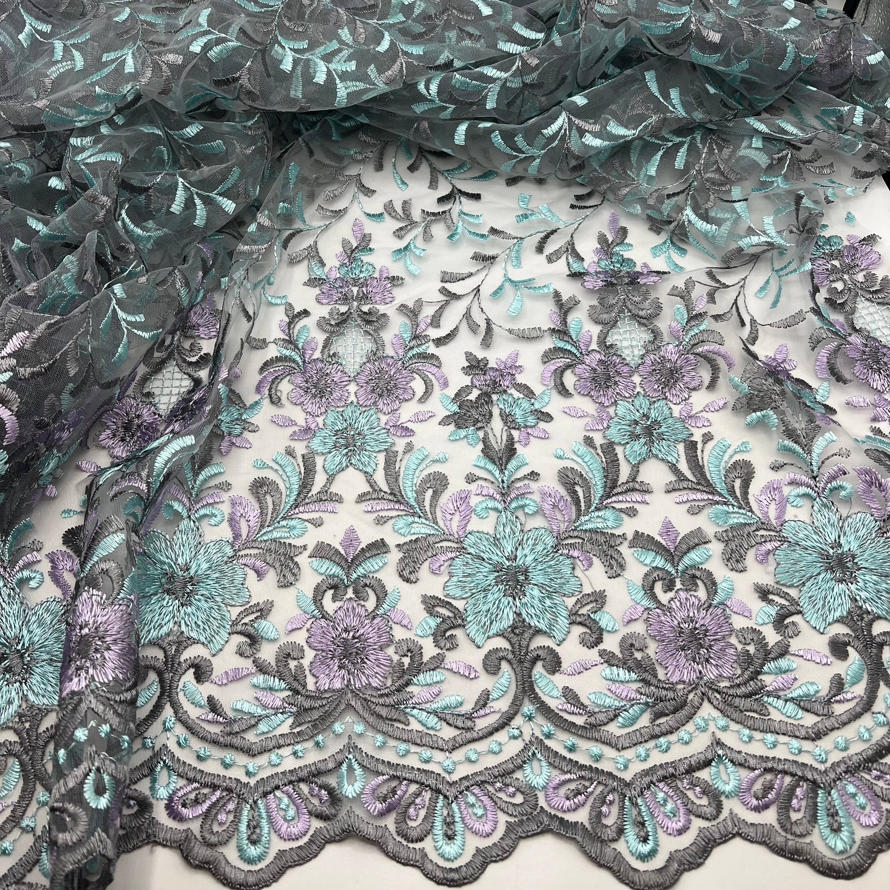 Grey Aqua Lilac Floral Embroidered Tulle Lace Fabric