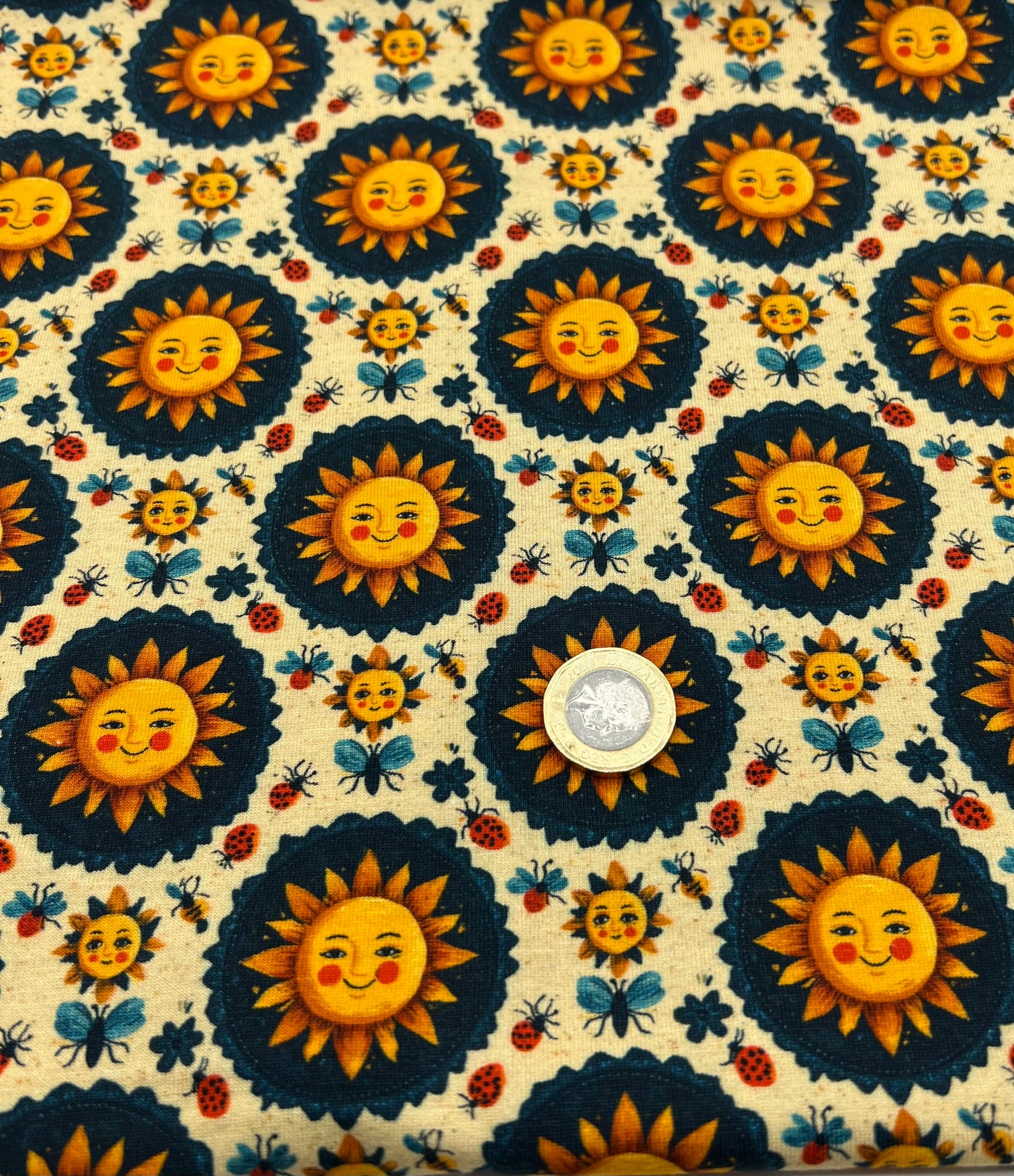 Folk Art Sun Faces Print Cotton Stretch Jersey 200 GSM 95/5 Lycra 4 Way Stretch