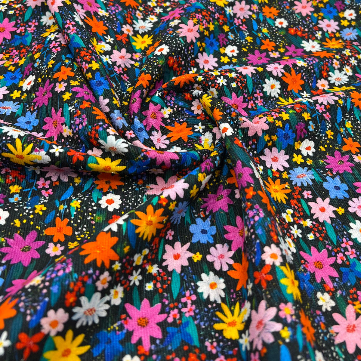 Bright Multi Floral Print Cotton Needlecord Non Stretch Fabric